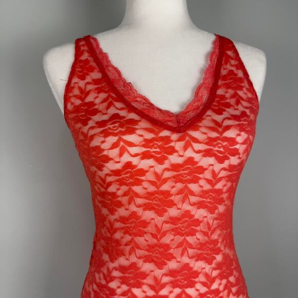 Fitted lace sheer camisole pink orange V-neckline stretchy - size medium - Picture 3 of 8